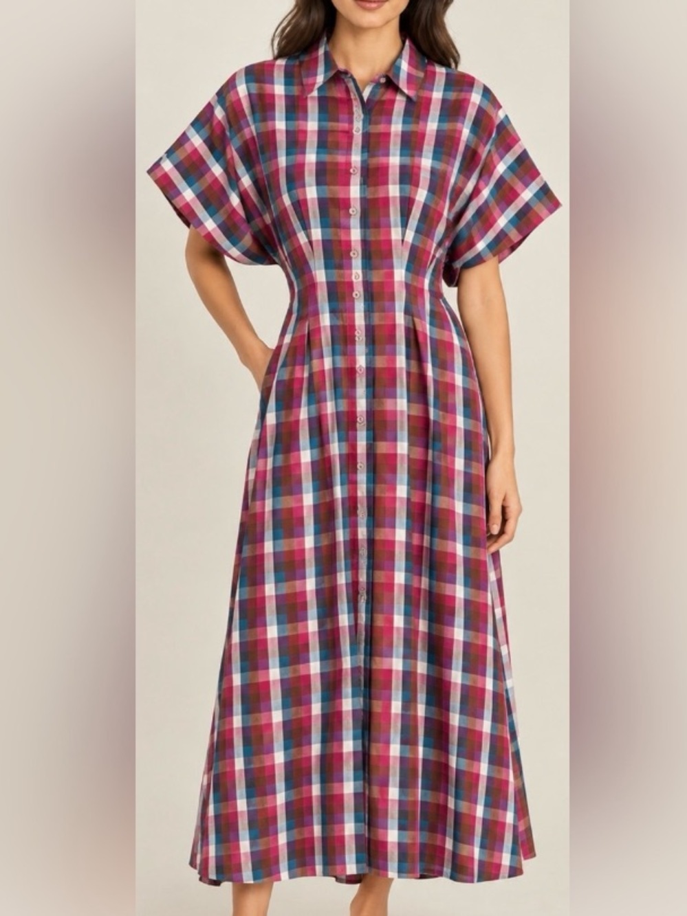 Anthropologie Exquise Dominique Gingham Plaid shirtdress button front dress XSP